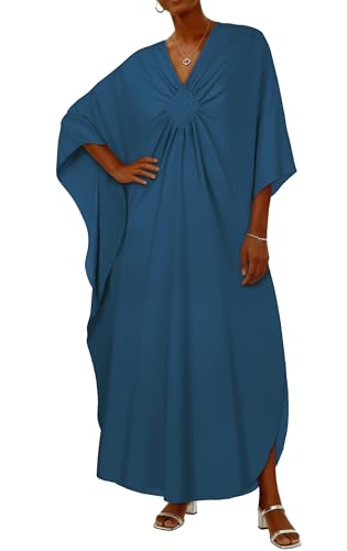 CHICGAL Womens Kaftan Dresses Long Caftans Plus Size Batwing Sleeve Swimsuit Coverup V Neck Summer Beach Dress 2026 (Peacock Blue,One Size) - Image 1