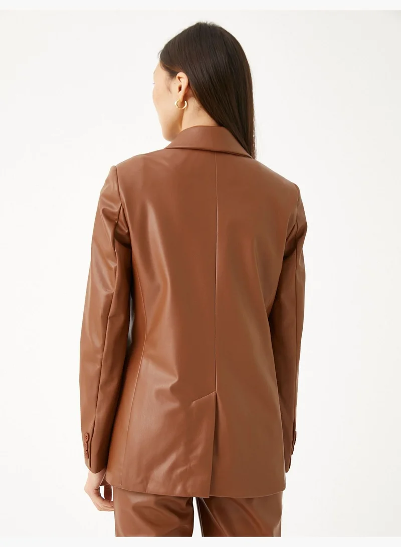 كوتون Faux Leather Blazer Jacket Pocket Detail