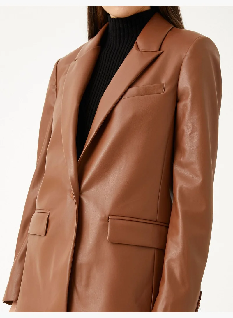 كوتون Faux Leather Blazer Jacket Pocket Detail
