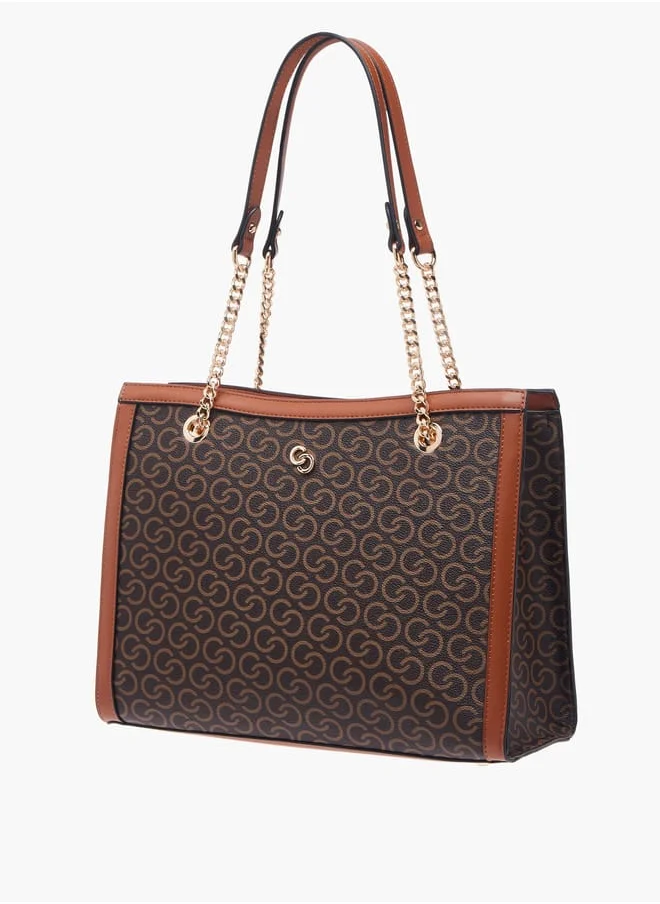 سيليست Women Monogram Print Tote Bag with Double Handle and Zip Closure