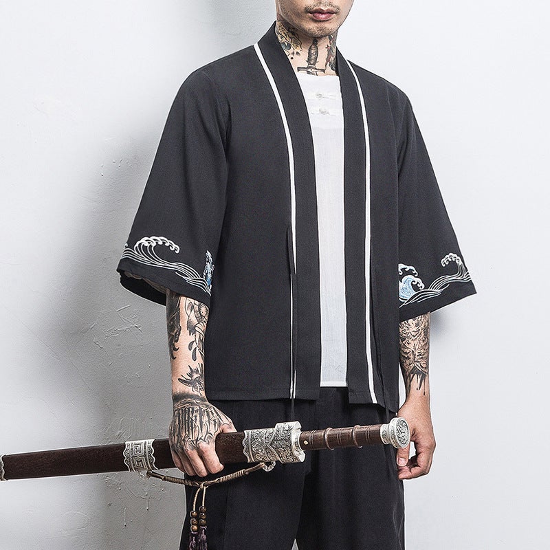 Chinese Style Shirt Mens Loose Cardigan Robe Japanese Style Dragon and Phoenix Crane Embroidery Seven-point Sleeve Hanfu Thin Coat 207 Black 