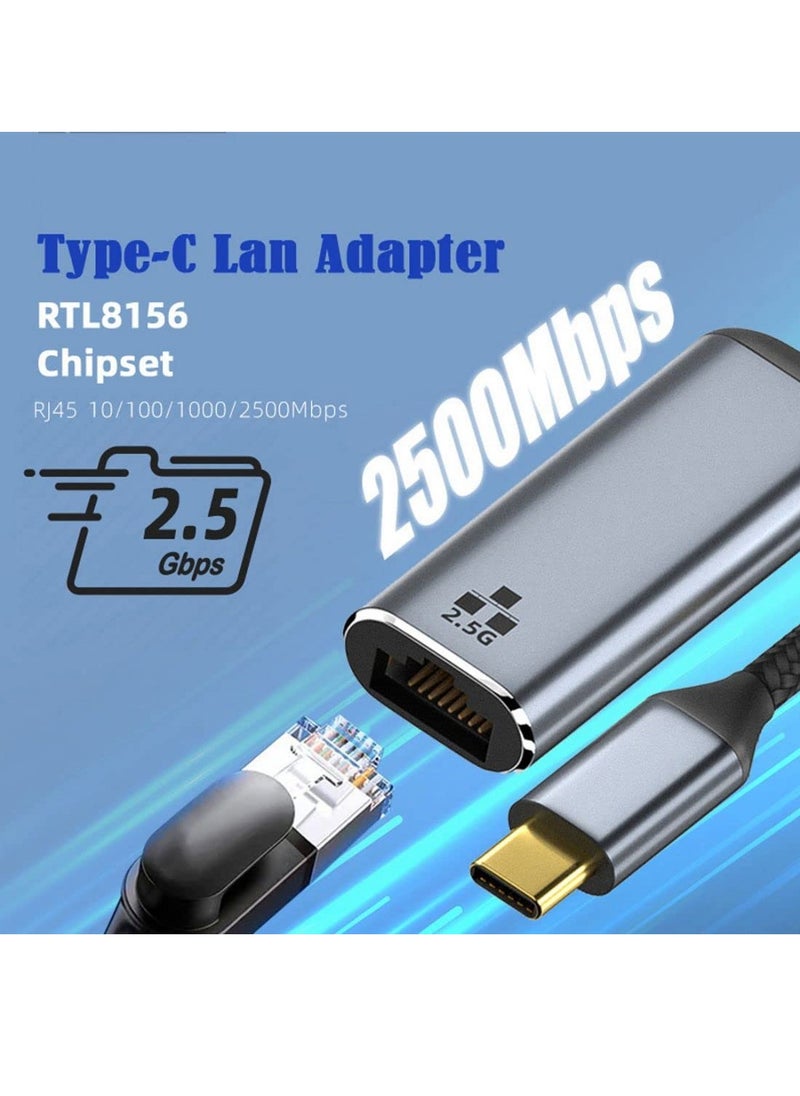 CY USB C to 2.5Gbps Ethernet Adapter,USB 3.1 Type C to RJ45 2500Mbps GBE Gigabit Ethernet Network LAN Cable Adapter for Laptop