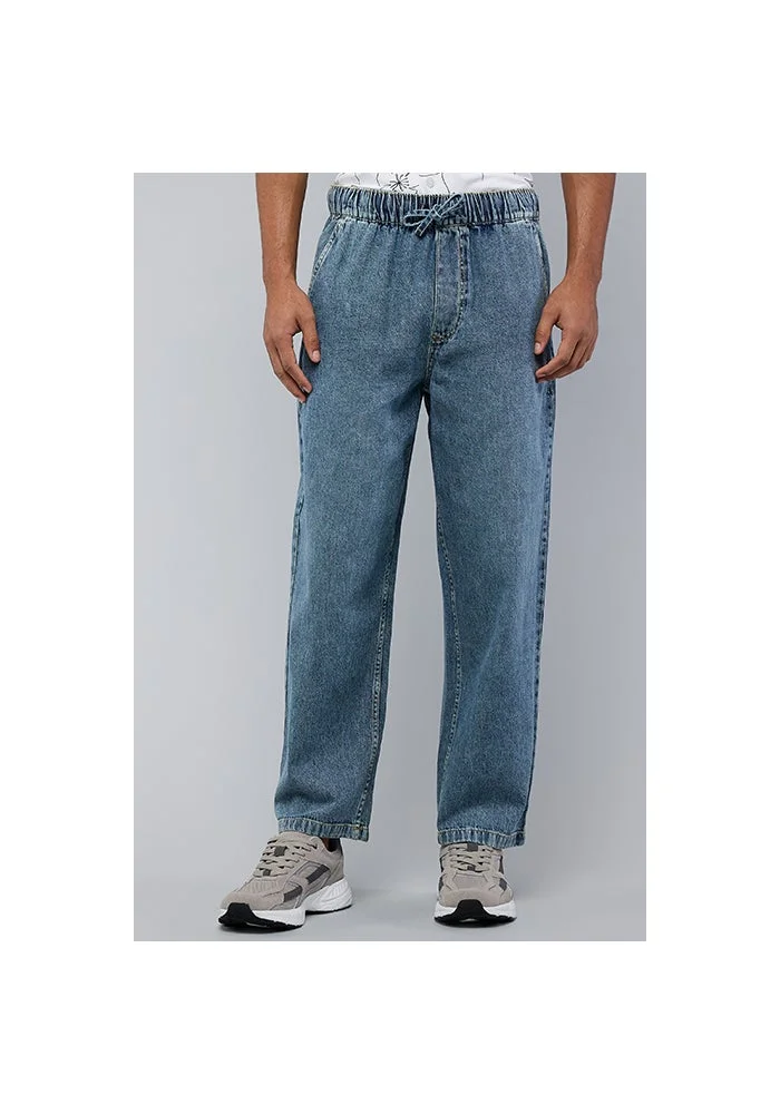 Washed Straight Fit Jeans with Elastic Waist