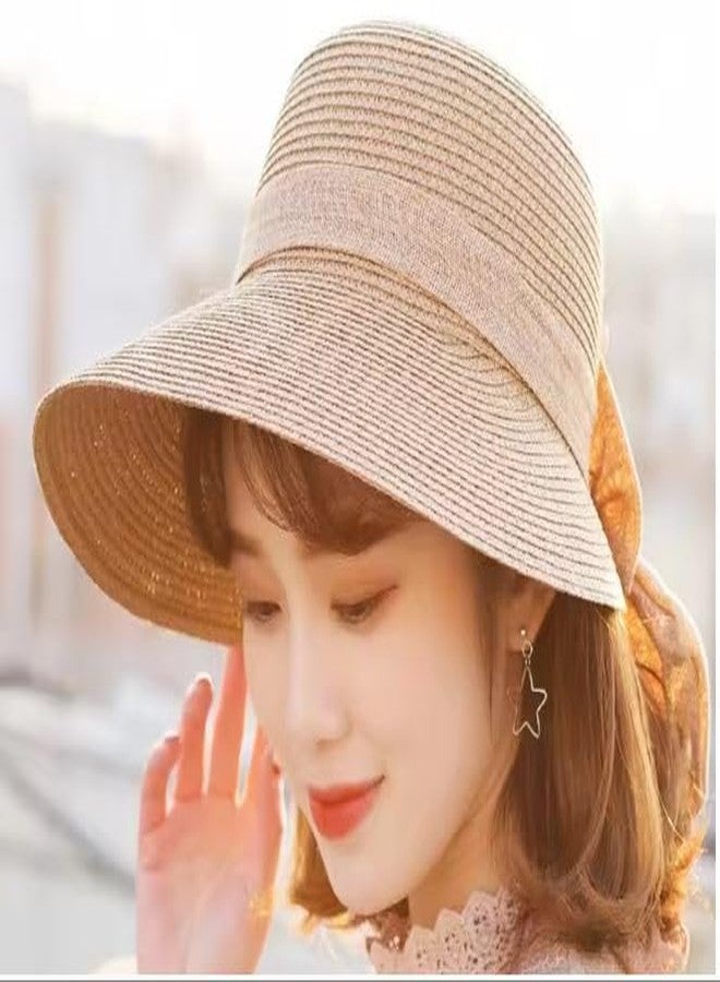 CLOTHERA قبعة واقية من الشمس للنساء من كلوثيرا، مصنوعة من قش ورقي قابل للطي والتهوية، توفر حماية كاملة للوجه من الأشعة فوق البنفسجية (مقاس واحد، تصميم شريط بيج مزين بفيونكة). - Image 3