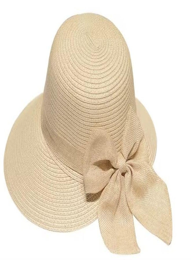 CLOTHERA قبعة واقية من الشمس للنساء من كلوثيرا، مصنوعة من قش ورقي قابل للطي والتهوية، توفر حماية كاملة للوجه من الأشعة فوق البنفسجية (مقاس واحد، تصميم شريط بيج مزين بفيونكة). - Image 1