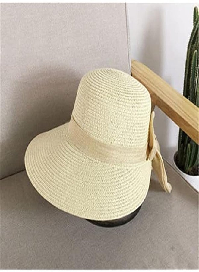 CLOTHERA قبعة واقية من الشمس للنساء من كلوثيرا، مصنوعة من قش ورقي قابل للطي والتهوية، توفر حماية كاملة للوجه من الأشعة فوق البنفسجية (مقاس واحد، تصميم شريط بيج مزين بفيونكة). - Image 4