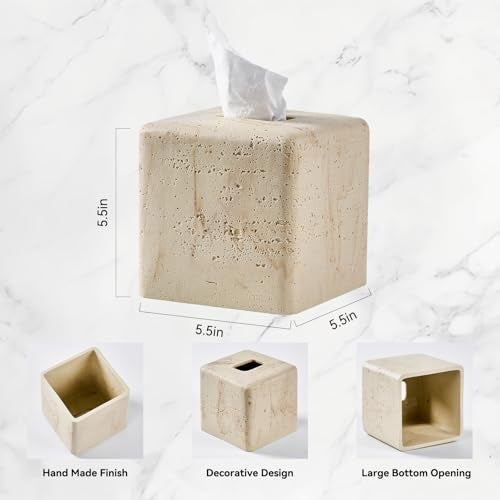 Polytree Natural Travertine Textures Tissue Box Cover Square for Home Decor,Resin Heavy Tissue Box Holder for Bathroom Countertop,Tabletop,Bedside Table,Office (Handmade of Resin) - Image 2