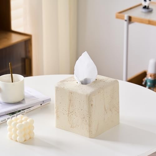 Polytree Natural Travertine Textures Tissue Box Cover Square for Home Decor,Resin Heavy Tissue Box Holder for Bathroom Countertop,Tabletop,Bedside Table,Office (Handmade of Resin) - Image 3