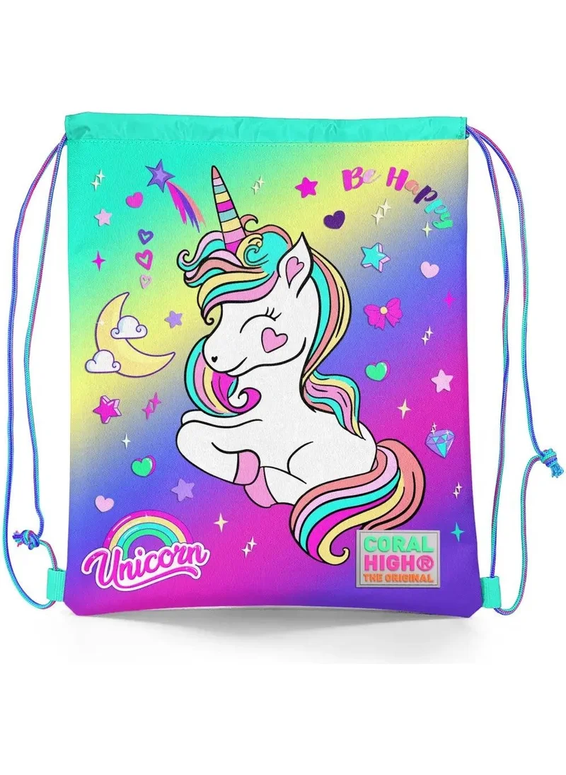 كورال هاي Kids Lavender Aqua Green Unicorn Patterned Drawstring Backpack 22429