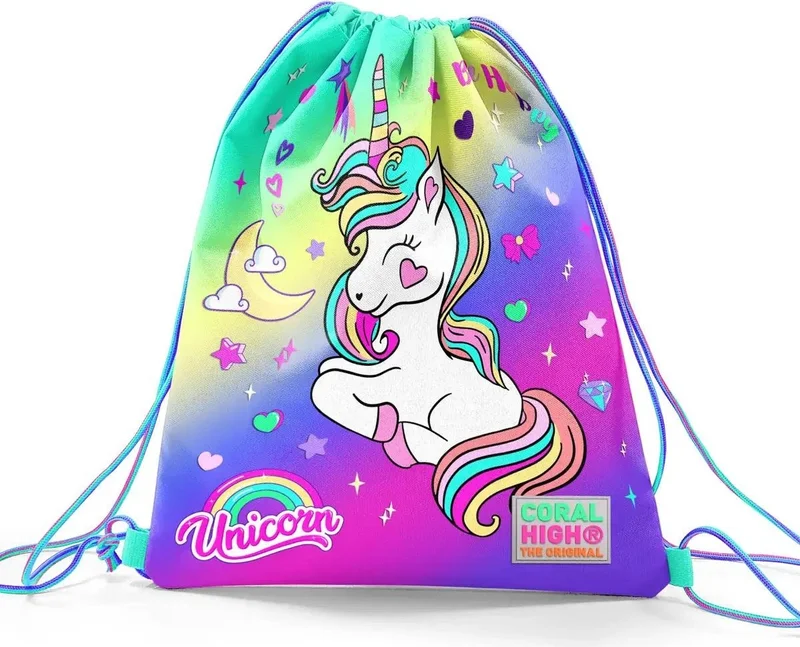 كورال هاي Kids Lavender Aqua Green Unicorn Patterned Drawstring Backpack 22429
