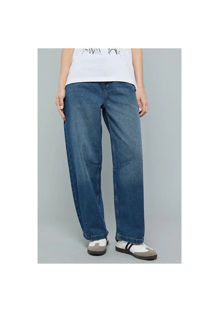 Faded Barrel Jeans with Button Closure