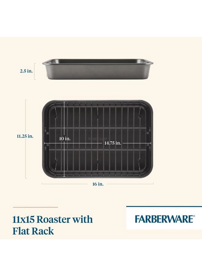 Farberware Nonstick Bakeware Roaster with Built-In Rack 11 Inch x 15 Inch Gray 57026 - Image 2