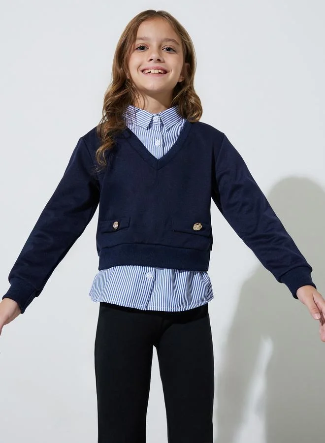 ستايلي Girls Button Detail Sweatshirt with Mock Shirt Detail