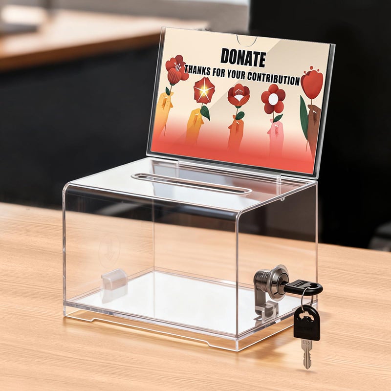 KYODOLED Clear Donation Box for Fundraising with Lock & Sign Holder, Multi-Use Voting and Raffle Box, Tip Jar, Secure Storage, Durable Plastic, 6.2'' x 4.6'' x 4.0'' - Image 1