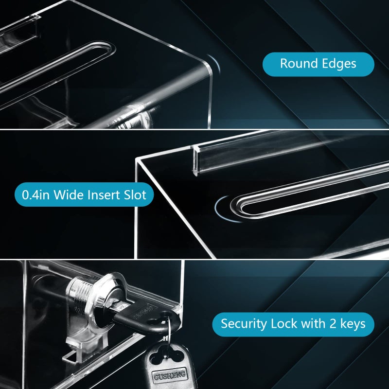 KYODOLED Clear Donation Box for Fundraising with Lock & Sign Holder, Multi-Use Voting and Raffle Box, Tip Jar, Secure Storage, Durable Plastic, 6.2'' x 4.6'' x 4.0'' - Image 4