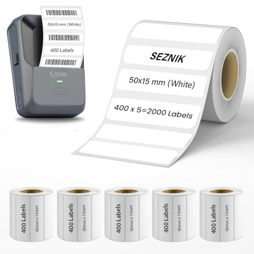 SEZNIK Sticky Thermal Lables, 50mmx15mm Label Roll Paper, 2 inch Self-Adhesive Thermal Paper for Mini Thermal Printer, POS, Receipt Machine (Pack of 5 Rolls), 2000 Labels - Image 1
