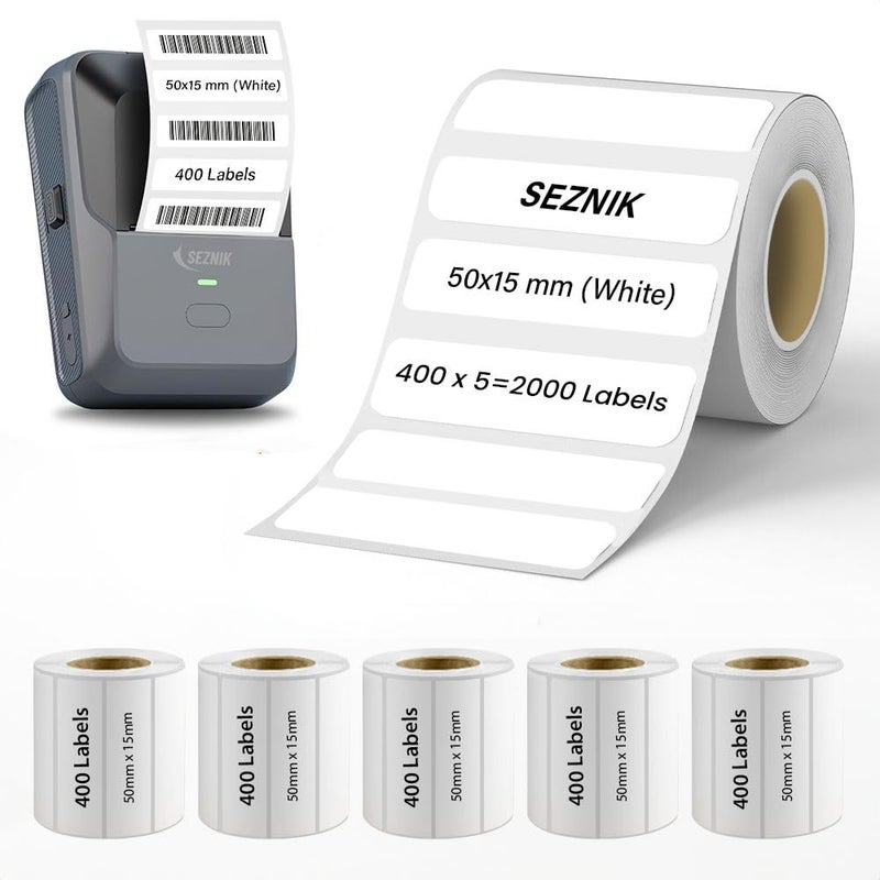 SEZNIK Sticky Thermal Lables, 50mmx15mm Label Roll Paper, 2 inch Self-Adhesive Thermal Paper for Mini Thermal Printer, POS, Receipt Machine (Pack of 5 Rolls), 2000 Labels - Image 2