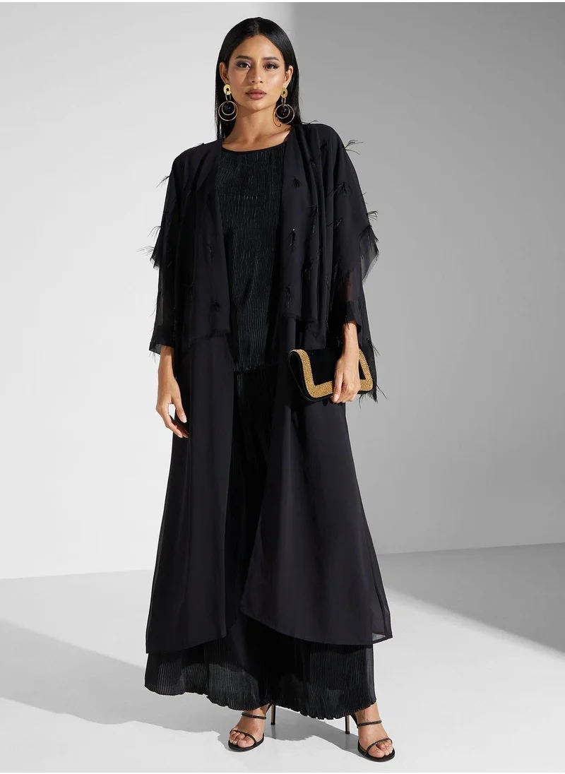 SINOIR Feather Detail Flared Sleeve Abaya