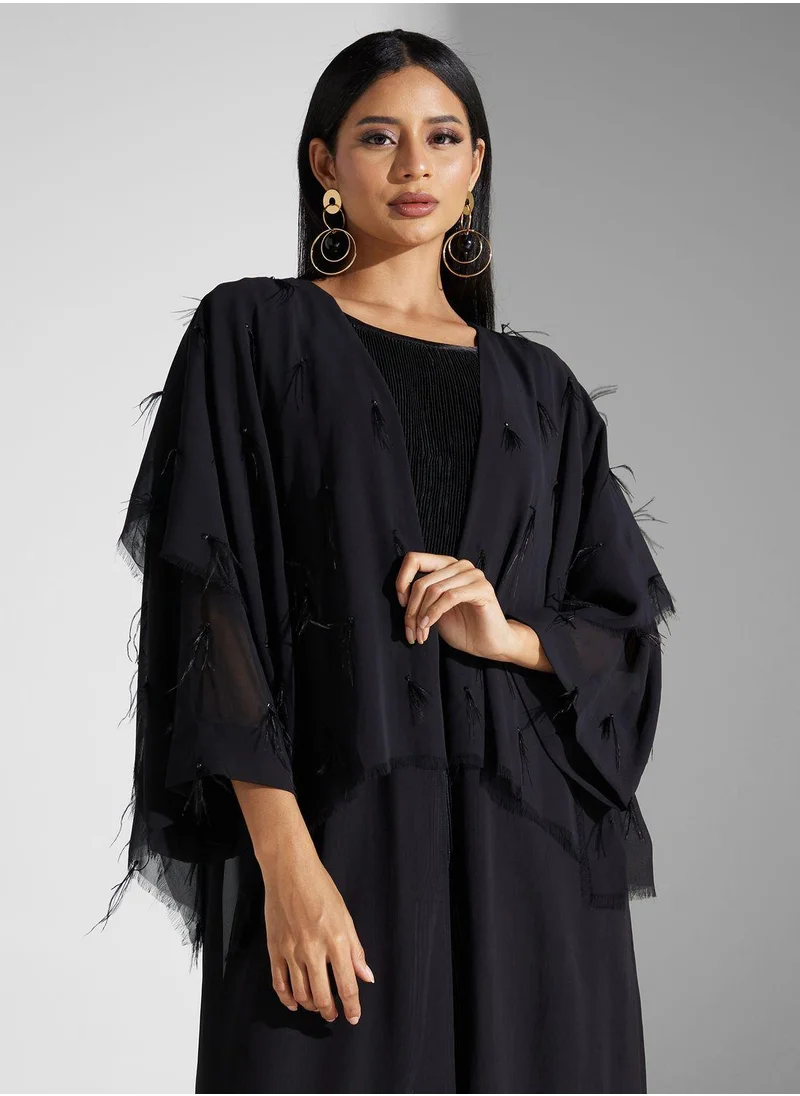 SINOIR Feather Detail Flared Sleeve Abaya