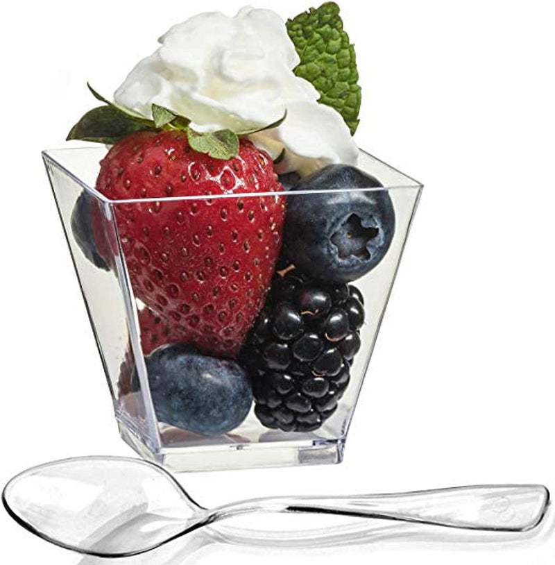 Zappy 200 Ct Square Dessert Cups 2 oz Clear Tasting Sample Shot Glasses With Spoons Disposable Plastic Appetizer Bowls Parfait Cups Small Tumblers