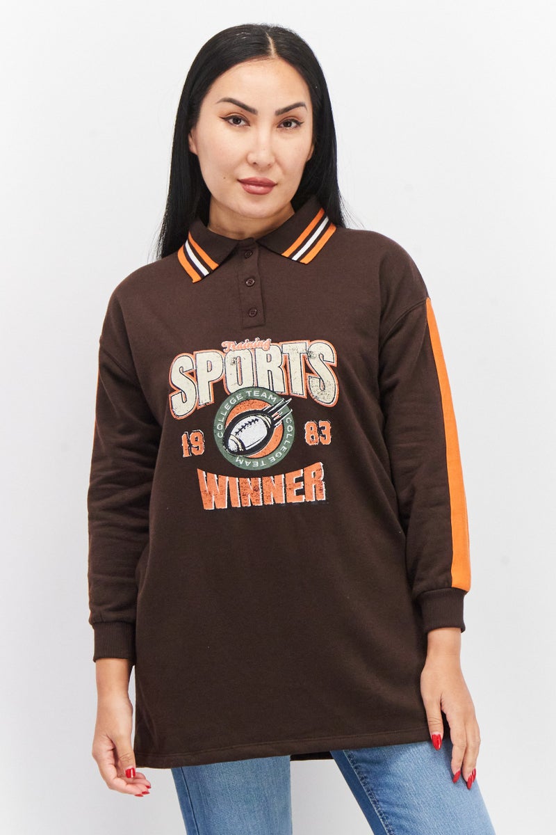 Don't Call Me Jennyfer Women Spread Collar Logo Sleeve Graphic Print Polo Shirt, Brown Combo  - Image 1