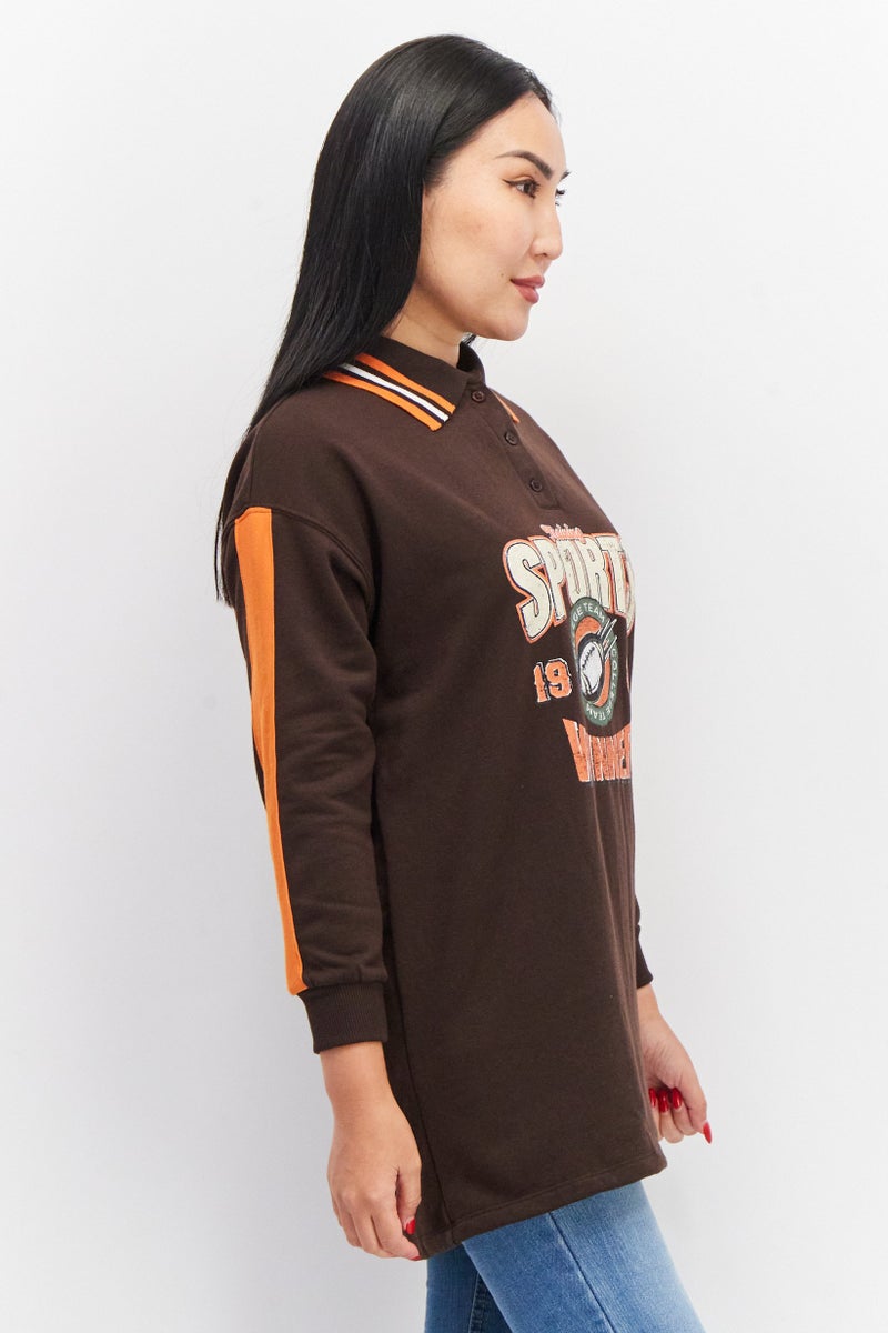 Don't Call Me Jennyfer Women Spread Collar Logo Sleeve Graphic Print Polo Shirt, Brown Combo  - Image 2