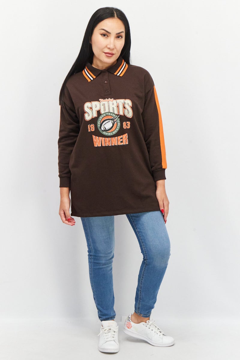 Don't Call Me Jennyfer Women Spread Collar Logo Sleeve Graphic Print Polo Shirt, Brown Combo  - Image 4