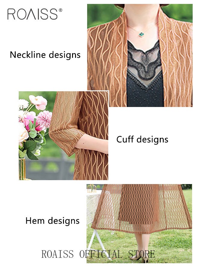 رويس بدلة نسائية قطعتين كاجوال معطف طويل وتنورة بطول الركبة سترة صوفية مخرمة ولون سادة دانتيل رقبة على شكل حرف V بدون أكمام فستان طويل مثالي للارتداء اليومي غير الرسمي - Image 4