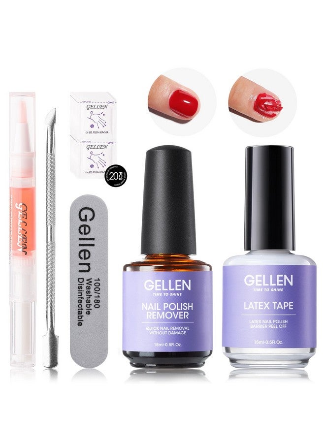 Gellen Gel Polish Remover Kit - Gel Nail Polish Remover with Latex Tape Peel Off Liquid and Manicure Tools, Quick & Easy Gel Polish Remover in 2-5 minutes, No Damage to Nails - Image 1