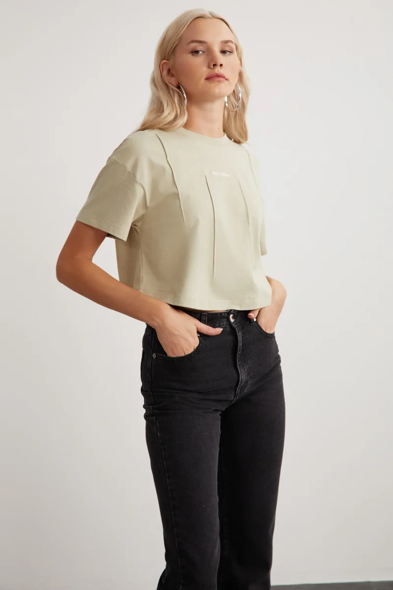 جريميلانج Keanne Women's 100% Cotton Embroidery Detailed Beige T-Shirt