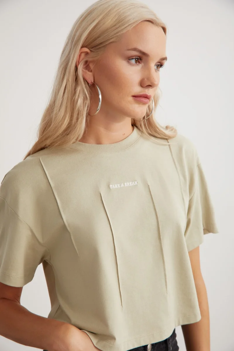 جريميلانج Keanne Women's 100% Cotton Embroidery Detailed Beige T-Shirt