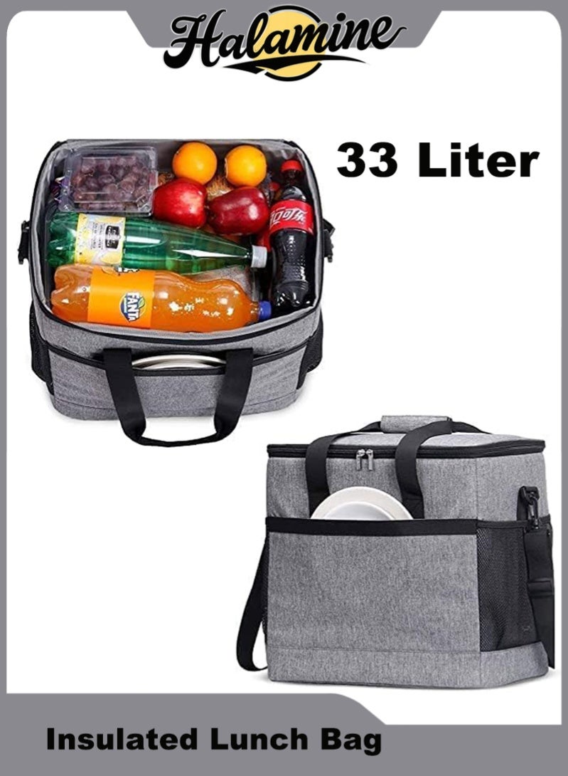 Halamine Insulated Lunch Bag, 33 Liter Large Capacity Warm Bag for Camping, Outdoor, Leak Proof Oxford Cloth Cooler with Adjustable Shoulder Strap (Gray)  - Image 1
