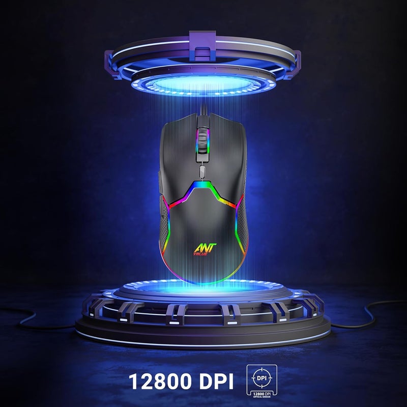 Ant Value Store GM1001 USB Wired Gaming Mouse,6 Adjustable 12800 DPI Computer Mouse,Optical Sensor 13 RGB Mouse with software and 6 Programmable Buttons,Ergonomic PC Gaming Wired Mouse for Laptop/PC - Black - Image 2