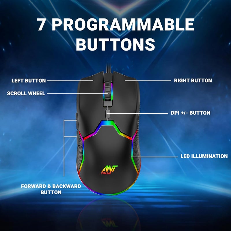 Ant Value Store GM1001 USB Wired Gaming Mouse,6 Adjustable 12800 DPI Computer Mouse,Optical Sensor 13 RGB Mouse with software and 6 Programmable Buttons,Ergonomic PC Gaming Wired Mouse for Laptop/PC - Black - Image 3