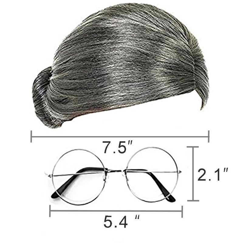 3 otters Old Lady Costume for Women, Grandma Wig with Glasses, Halloween Dress Up for Kids Girls Cosplay Party Supplies - Image 2