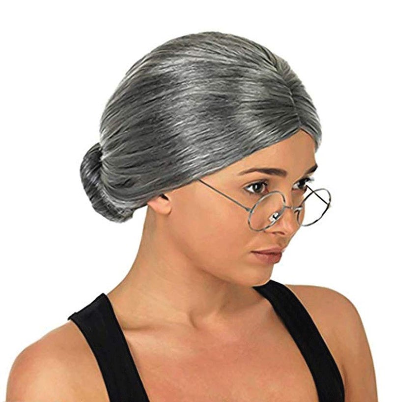 3 otters Old Lady Costume for Women, Grandma Wig with Glasses, Halloween Dress Up for Kids Girls Cosplay Party Supplies - Image 1