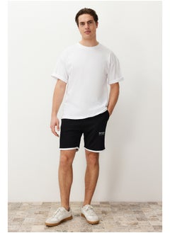 Black Regular Cut Letter Printed Drawstring Elastic Waist Shorts TMNSS24SR00040