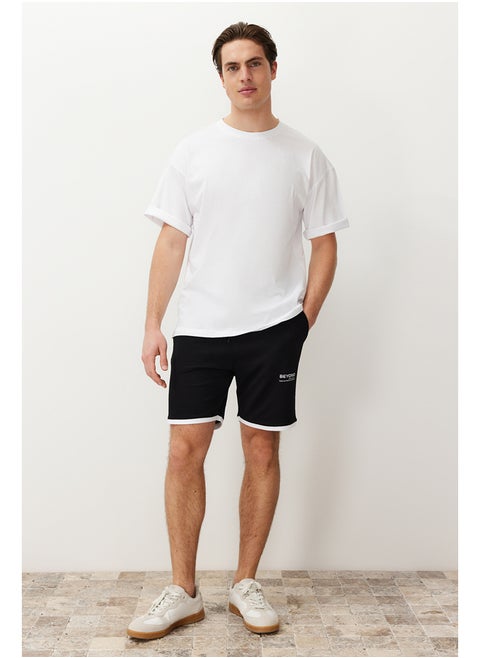 Black Regular Cut Letter Printed Drawstring Elastic Waist Shorts TMNSS24SR00040