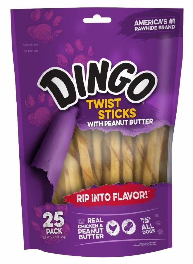 Dingo Twist Sticks with Peanut Butter; Rawhide Treats for Small, Medium, and Large Dogs 25-Count - Image 1