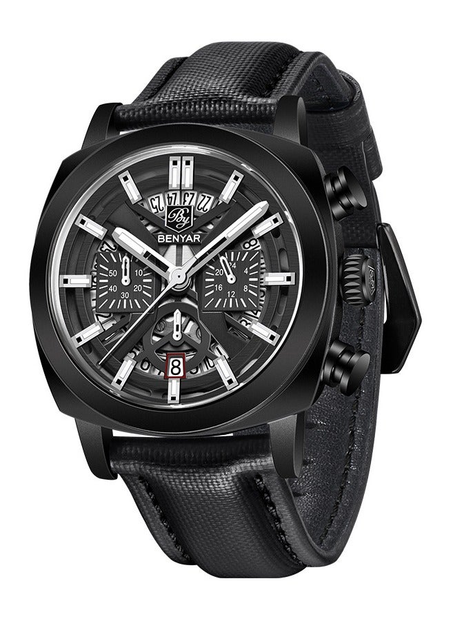 BENYAR Watches for Men Luxury Quartz Water Resistant Watch Men's Chronograph Genuine Leather Strap 5205 Black - Image 1
