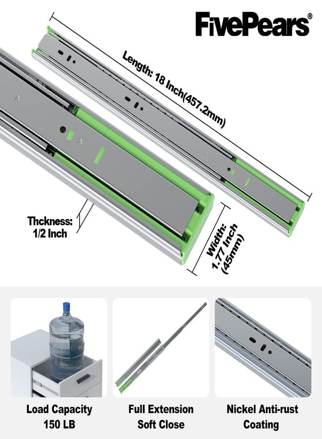 FivePears 2 Pairs 18 Inch Heavy Duty Soft Close Drawer Slides, 150 Lb Load Capacity Full Extension Ball Bearing Side Mount Drawer Runner, Rv Tool Box Kitchen Cabinet Drawer Self Closing Glide Rails - Image 2