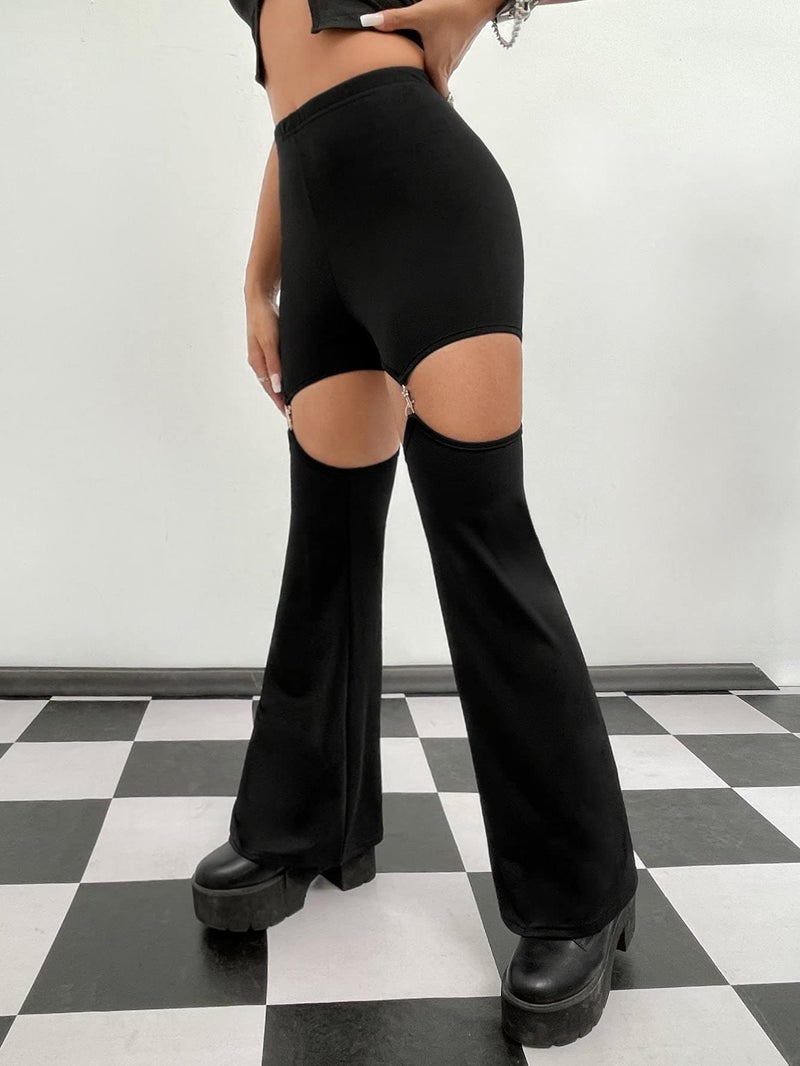 WDIRARA Women's Cut Out High Waisted Flare Elastic Waist Party Leggings Night Out Pants Black M - Image 4