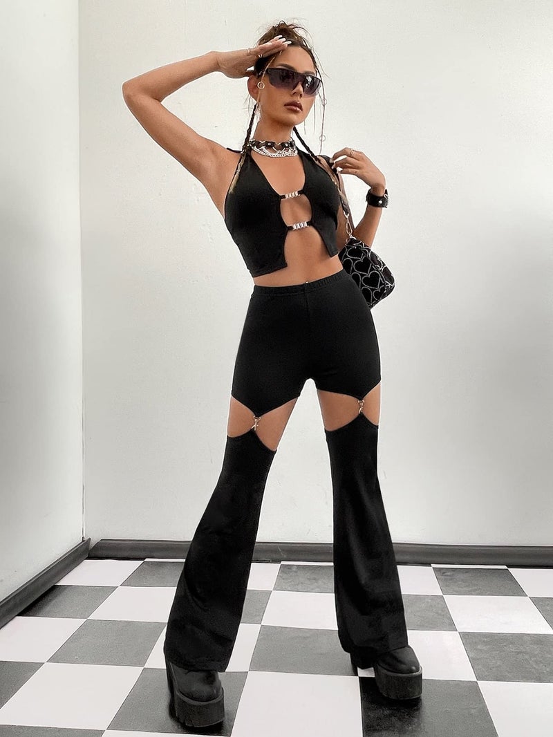 WDIRARA Women's Cut Out High Waisted Flare Elastic Waist Party Leggings Night Out Pants Black M - Image 5