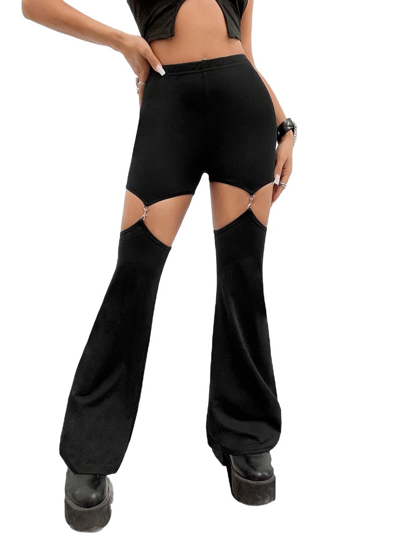 WDIRARA Women's Cut Out High Waisted Flare Elastic Waist Party Leggings Night Out Pants Black M - Image 1