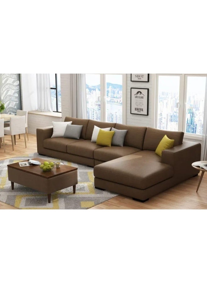 أريكة زاوية حديثة على شكل L مع طاولة قهوة، قماش كتان مبطن 353 x 179 x 61 سم