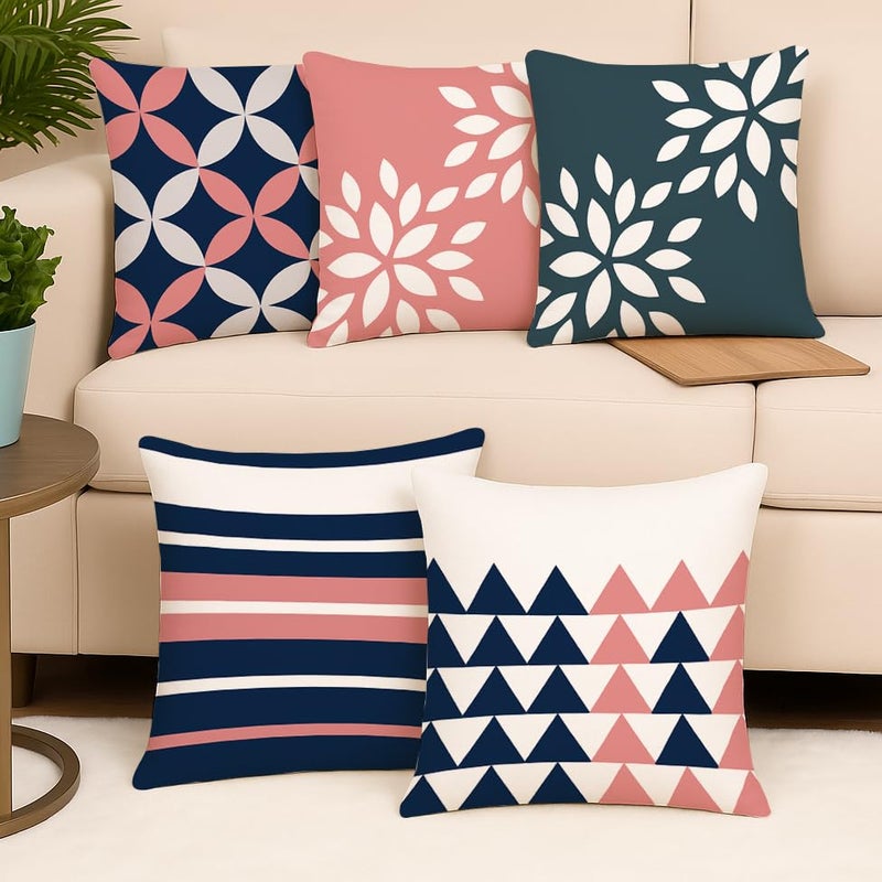 BRICK HOME Set of 5 Printed Polycotton Cushion Covers 18x18 Inches | Geometric & Floral Pattern | Navy Blue, Blush Pink & White | Soft Fabric Decorative Pillow Covers for Sofa, Couch & Living Room - Image 2