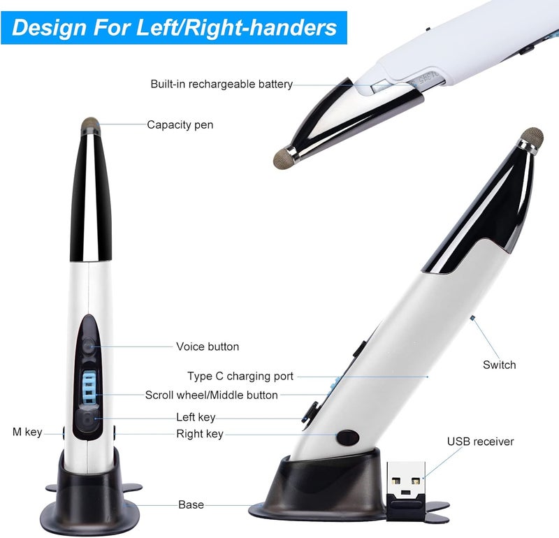 lychee Optical Pocket Pen Mouse with Voice Control and Bluetooth Function, Wireless Handwriting Mini Mice for PC Laptop Notebook Computer(White) - Image 5