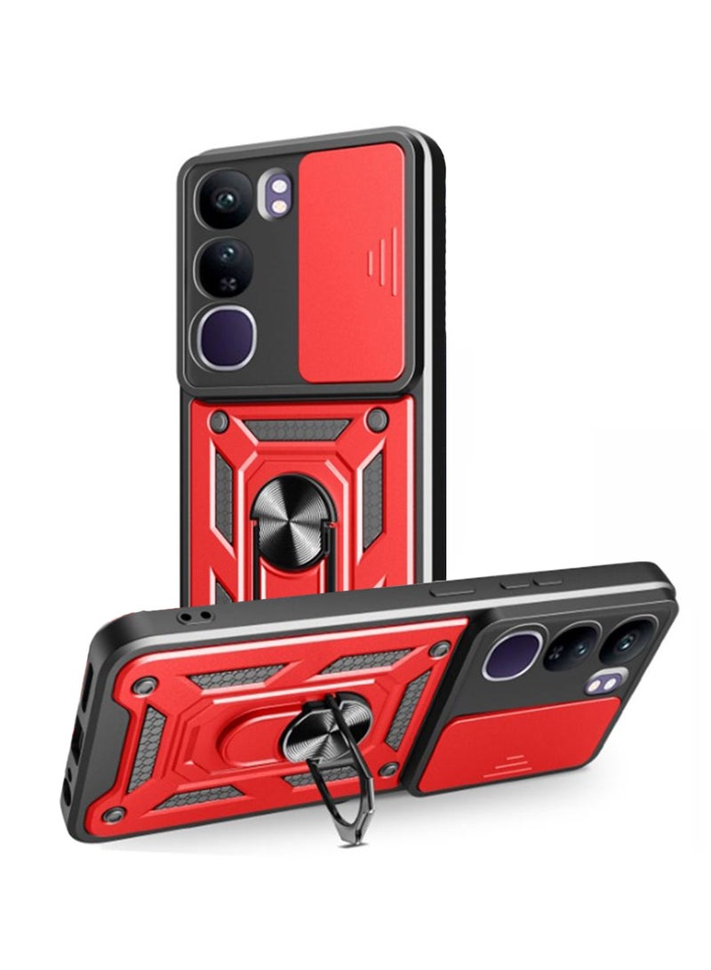 for vivo V40 Lite 5G Case Cover, Slide Camera Lens Cover, Magnetic Ring Holder Kickstand Protective Phone Case for vivo V40 Lite 5G, Red