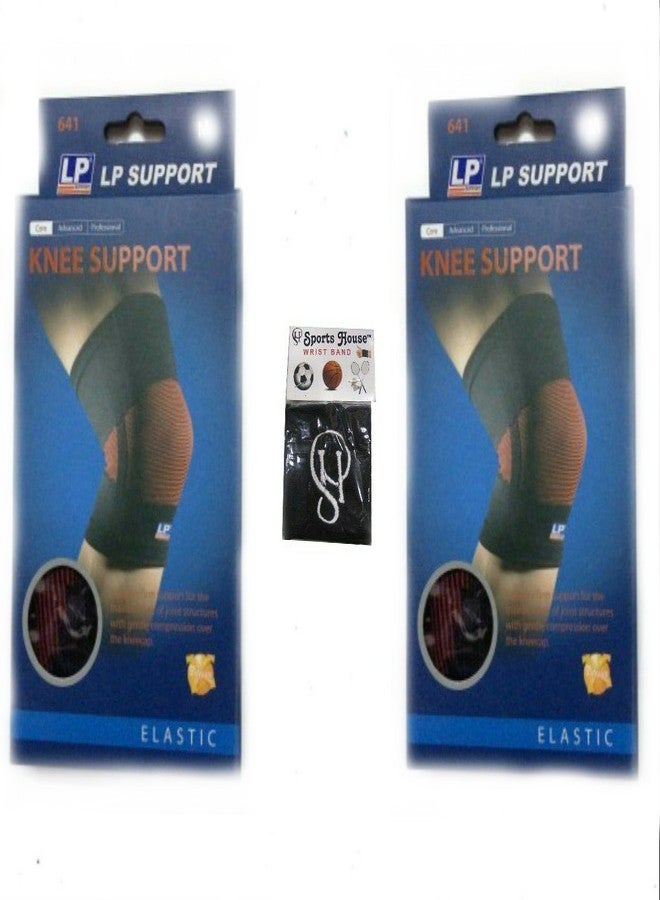 LP Supports Knee Support 641, Large (Pack of 2) with Sports House Cotton Wrist Band, Black - Image 2