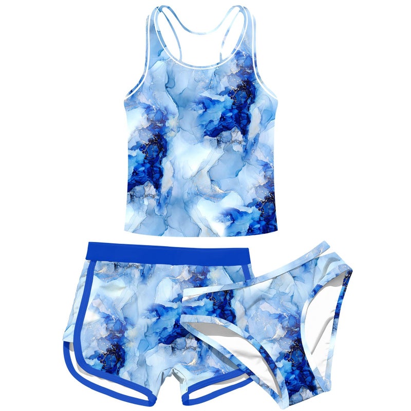uideazone Teenager Girl 3pc Swimsuits 12t Marbling Racer Back Bathing Suit with High Elasticity Shorts Round Neck Tankini Swimwear Sets 12-13 Years - Image 1